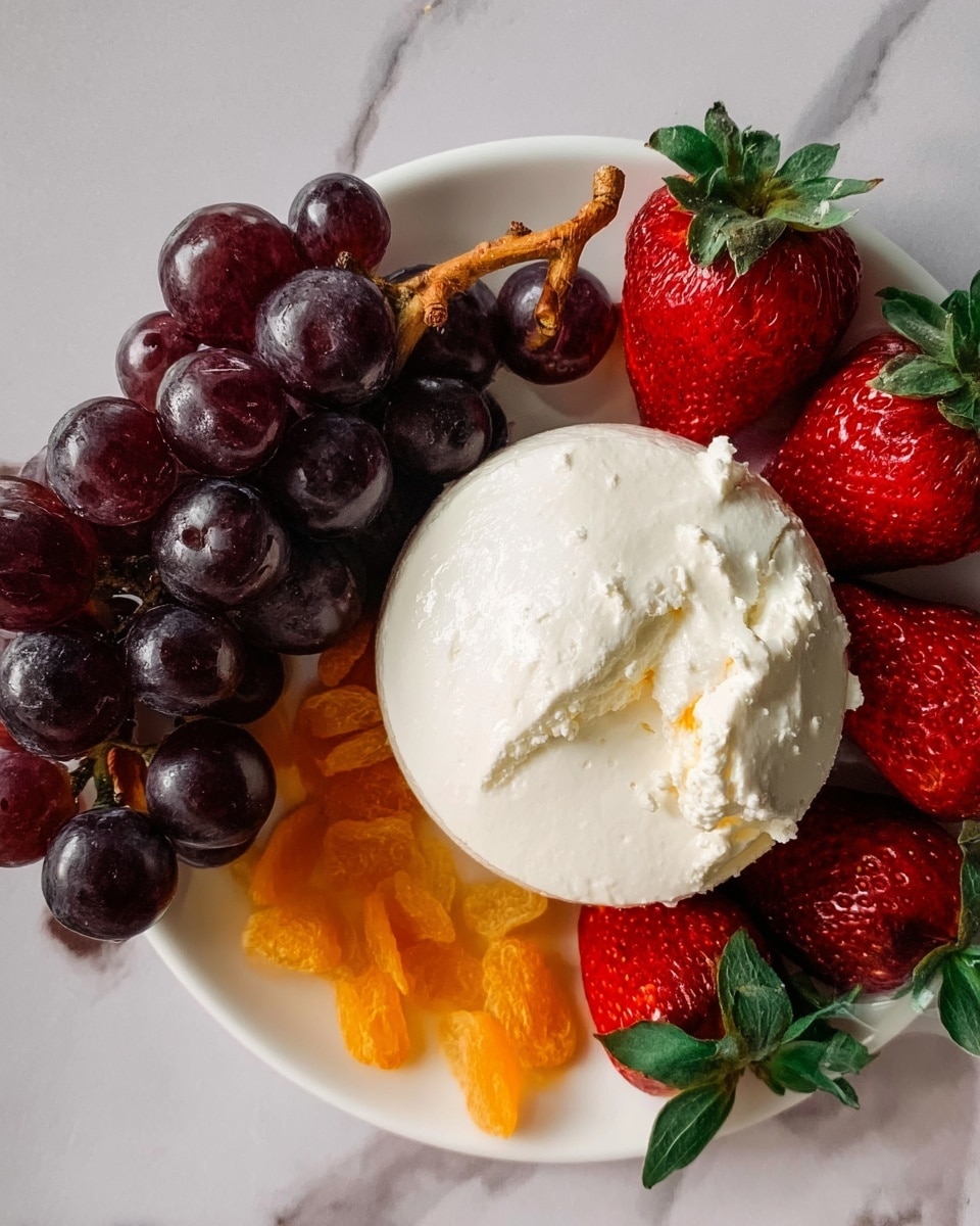 The image shows a white plate with a round mound of creamy white cheese in the center. Surrounding the cheese, there are fresh red strawberries with green leaves on the right side, a bunch of dark purple grapes with a brown stem on the left side, and orange dried fruit pieces below the cheese. The plate sits on a white marbled surface, and the textures are smooth and fresh. Photo taken with an iphone --ar 4:5 --v 7