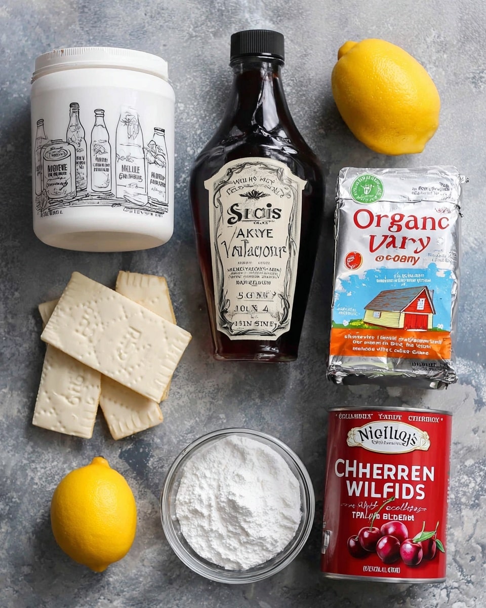 The image shows eight ingredients laid out on a neutral gray textured surface: a white container of Siggi's whole milk plain yogurt with black text and three milk bottles illustration on the front, a dark brown glass bottle of Nielsen-Massey pure vanilla extract with an ornate off-white label, a carton of Organic Valley heavy whipping cream in cream, green, and orange colors with a red barn and whipped cream with berries illustration, a shiny red and white can of Duncan Hines cherry pie filling and topping with bright red cherries on the label, a silver foil-wrapped block of Philadelphia original cream cheese with blue text, a fresh bright yellow lemon, a small clear glass bowl filled with white powdered sugar, and five square vanilla cookies with a simple house design embossed on top placed next to the cream cheese. photo taken with an iphone --ar 4:5 --v 7