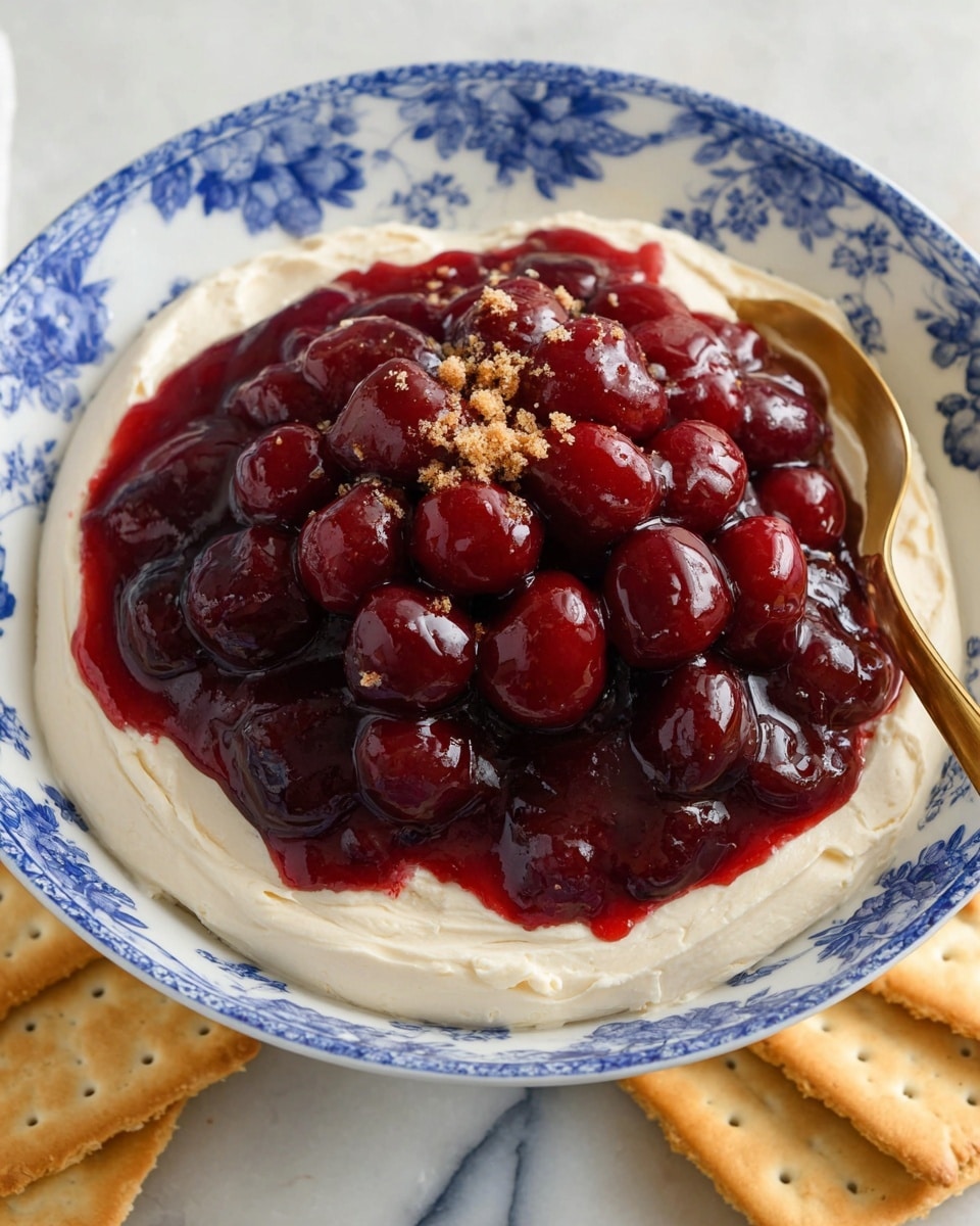 A close-up view of a dessert with two main layers in a white bowl decorated with blue floral patterns. The bottom layer is a smooth, creamy white spread covering the entire base. On top, there is a thick, glossy layer of red cherry topping full of whole cherries, placed centrally with some crumbs sprinkled lightly around the edges of the white layer. A golden spoon rests on the right side inside the bowl. Below the bowl, square crackers with a golden edge are partially visible on a white marbled surface. Photo taken with an iphone --ar 4:5 --v 7