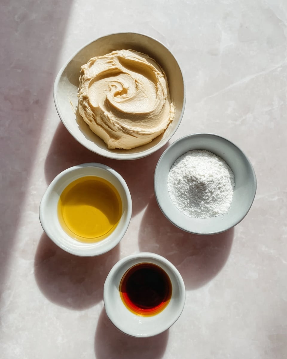 Four small white bowls sit on a white marbled surface in soft natural light with shadows casting across them. The largest bowl contains a creamy, thick, pale beige spread with soft swirls and a smooth texture. Next to it, a bowl filled with white powder shows a fine, fluffy texture. Below them, one small bowl holds a clear golden yellow liquid, while the smallest bowl contains a dark brown liquid with a shiny surface. The bowls are arranged loosely in a square shape. Photo taken with an iphone --ar 4:5 --v 7