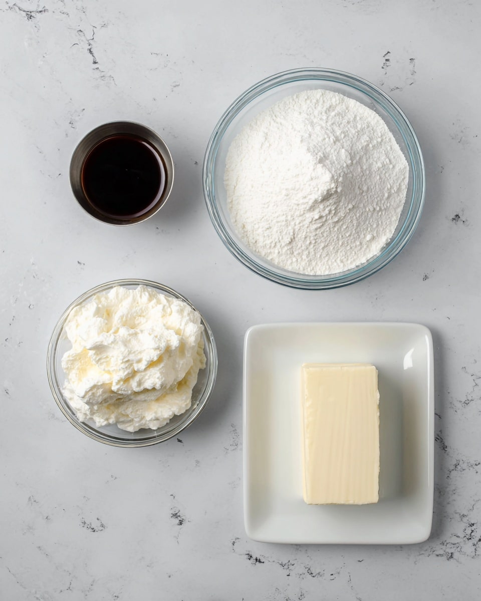 The image shows four separate containers with ingredients placed on a white marbled surface. At the top center is a glass bowl filled with white powder, likely powdered sugar or flour, showing a soft, slightly uneven texture. Below it to the left is a small metal cup filled with a dark brown liquid. To the bottom left is another glass bowl containing a fluffy, white, creamy substance with a smooth but slightly rough surface. To the right of this bowl is a white rectangular plate holding a block of solid cream cheese with a smooth and slightly shiny surface. photo taken with an iphone --ar 4:5 --v 7
