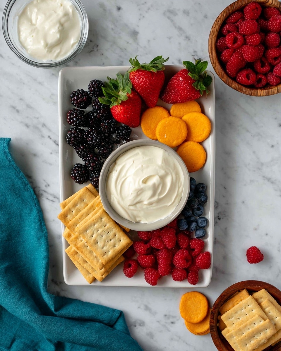 A rectangular white plate holds a bowl of smooth white cream in the center. Surrounding the bowl are five sections of fresh fruit and crackers: blackberries in the top left corner, whole strawberries with green leaves in the top right, round orange crackers to the right of the bowl, blueberries below the crackers, and red raspberries in the bottom left corner with four square golden crackers stacked next to them. The plate is placed on a white marbled surface with a folded teal cloth in the bottom left corner. Around the plate, there is a clear glass bowl of white cream in the top left corner, a wooden bowl full of red raspberries in the top right, and a smaller wooden bowl with a few orange crackers in the bottom right. Three orange crackers are scattered on the marble surface near the bowls. Photo taken with an iphone --ar 4:5 --v 7