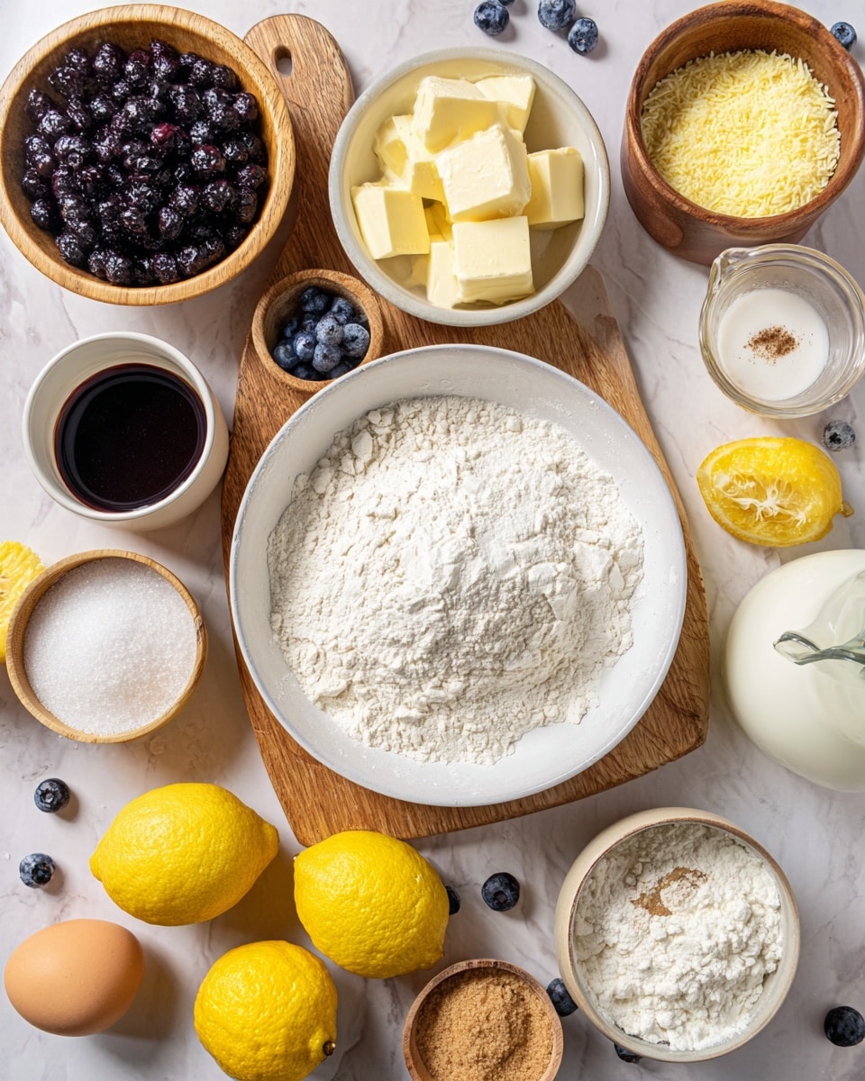 A top view of baking ingredients arranged on a white marbled surface, including a white bowl in the center filled with white flour mixed with small piles of brown and white spices; surrounding it on a wooden board are halved and whole bright yellow lemons with a few scattered blueberries. To the left, a wooden bowl is filled with dark frozen blueberries, below it a small wooden bowl of dark vanilla extract, and a beige bowl filled with white sugar. To the right, there is a wooden bowl with brown sugar, a glass bowl with light yellow butter cubes, a small glass pitcher of cream or milk, and a beige bowl filled with cottage cheese. Two white eggs lie above the central bowl, while a few extra blueberries and lemon zest rest scattered around. Photo taken with an iphone --ar 4:5 --v 7