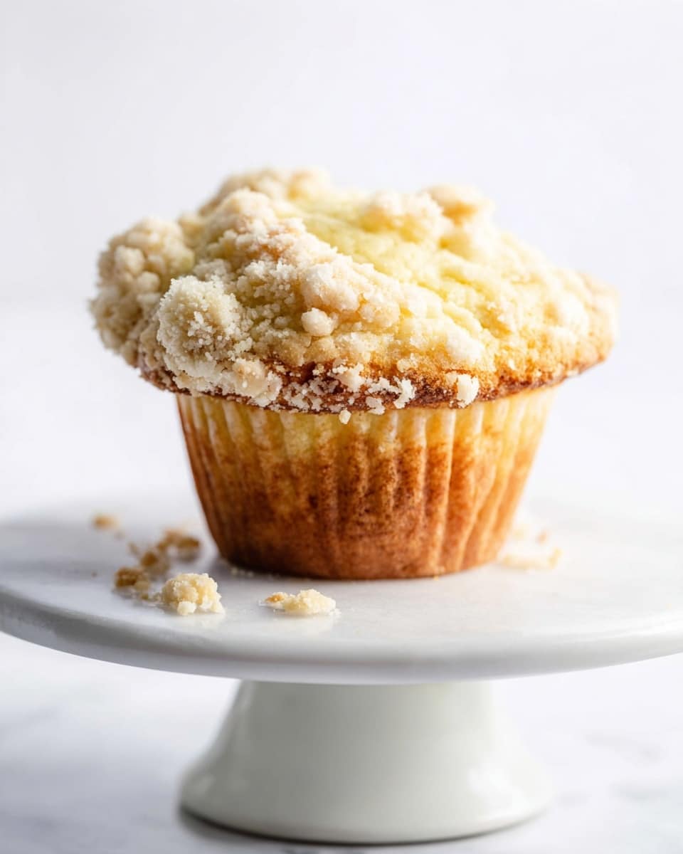 A crumbly muffin with a golden brown bottom layer and a soft, pale yellow top layer covered in white crumb topping sits on a white cake stand against a white marbled background. The muffin liner is slightly peeled and textured with some crumbs around it. The lighting is bright, highlighting the crumbly texture and soft inside of the muffin photo taken with an iphone --ar 4:5 --v 7