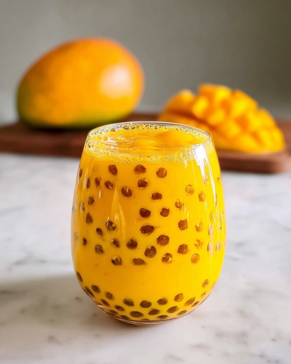 A clear rounded glass filled nearly to the top with a thick, bright yellow-orange drink containing many small dark brown tapioca pearls evenly spread throughout the liquid, with a slight frothy layer on the surface that spills gently over the rim. The glass sits on a white marbled surface, with a whole ripe mango and sliced mango pieces blurred in the background, creating a fresh and tropical look. Photo taken with an iphone --ar 4:5 --v 7