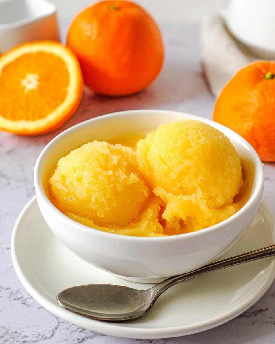 A white bowl filled with two scoops of bright yellow-orange sorbet with a slightly icy texture, sitting on a white plate. Next to the bowl, a silver spoon rests on the plate's edge. In the background, there are two whole bright orange mandarins and one orange slice on a white marbled surface. The colors are warm and fresh, showing a simple and refreshing dessert. photo taken with an iphone --ar 4:5 --v 7