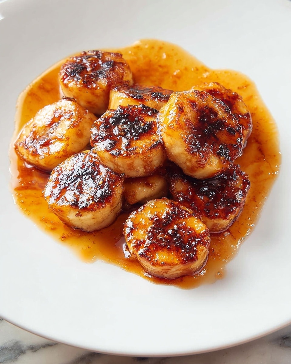 A white plate holds seven pieces of caramelized banana slices, each with a golden-brown crust and slight charring on top, giving them a rich, darkened texture. The banana slices are arranged in a loose cluster with a shiny, amber-colored sauce pooling under and around them, creating a sticky, glossy base. The edges of the sauce blend softly into the white marbled surface beneath the plate, enhancing the warm colors of the bananas and sauce. photo taken with an iphone --ar 4:5 --v 7
