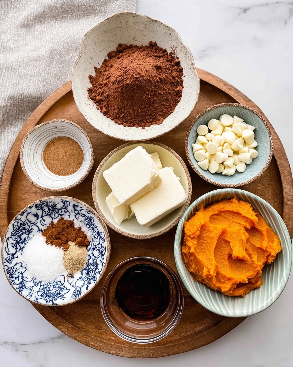 A round wooden board holds seven small bowls arranged in a loose circle, placed on a white marbled surface with a light grey cloth partially visible in the top left corner. The largest bowl on the upper right contains brown cocoa powder with fine texture. To its lower left, there is a small white bowl with blue designs filled with creamy white chocolate chips. Next to it is a small white bowl with brown ground cinnamon and nutmeg. Another white bowl with blue swirls contains white sugar, positioned in the bottom right. A medium-sized bowl with blue-green stripes holds a thick block of cream cheese on the bottom left. Above it, a dark brown bowl contains bright orange pumpkin puree with a smooth texture. At the very bottom center is a clear glass bowl holding dark amber maple syrup. All bowls are neatly placed creating a visually balanced layout photo taken with an iphone --ar 4:5 --v 7