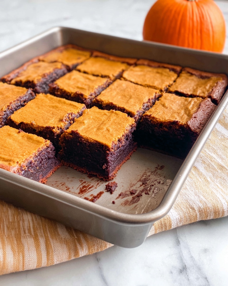 A rectangular metal baking pan holds nine square pieces of a two-layered dessert with one square missing from the bottom left corner, showing the edge of the dessert. The bottom layer is dark brown, dense, and fudgy in texture, while the top layer is a lighter orange color with a smooth, slightly cracked surface, giving a baked look. The pan sits on a white marbled surface with a beige cloth underneath, and a bright orange pumpkin is visible near the top edge of the pan. photo taken with an iphone --ar 4:5 --v 7