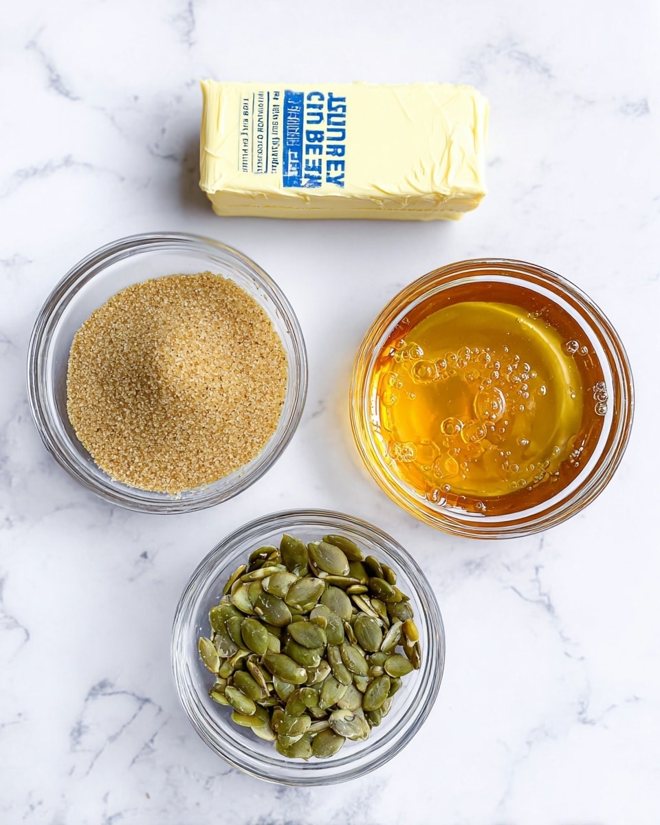 The image shows three small clear glass bowls on a white marbled surface, arranged in a triangle. The top bowl contains light brown sugar with a soft, grainy texture. The right bowl is filled with golden honey that looks thick and shiny with small bubbles on the surface. The bottom bowl holds green pumpkin seeds that are smooth and slightly shiny. Above these bowls is a pale yellow stick of unsalted sweet cream butter with blue text on the wrapper. All ingredients are neatly placed and well lit. photo taken with an iphone --ar 4:5 --v 7