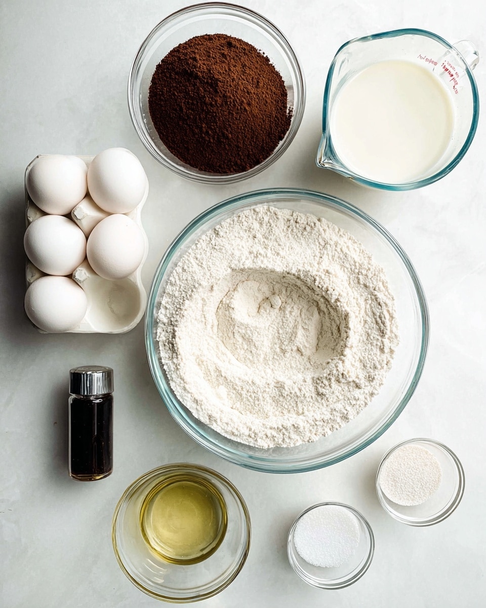 The image shows a top view of baking ingredients arranged neatly on a white marbled surface. At the center is a large clear bowl filled with white flour, with a small dip in the middle. To the top left of it, a clear bowl holds dark brown cocoa powder with a small pile slightly raised in the center. Above to the right is a clear glass measuring cup filled with white milk. To the left side, six white eggs are placed in a carton. Below the eggs, there is a small clear bowl filled with light golden oil. Next to the oil is a tiny clear bowl containing white baking soda and salt. Below the flour bowl, a small clear bowl holds white granulated sugar. Between the flour and cocoa bowls, a small black vanilla extract bottle stands upright. The overall setting is bright with soft shadows, and the objects are arranged in a clean, organized manner. Photo taken with an iphone --ar 4:5 --v 7
