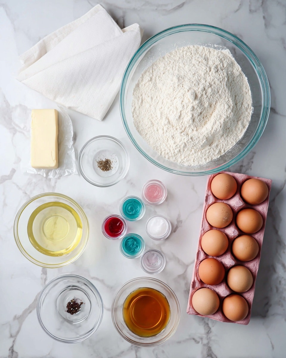 The image shows a flat lay of baking ingredients placed on a white marbled surface. In the center, there is a large clear glass bowl filled with white flour, and above it, another large glass bowl holds white granulated sugar. To the right, there is a pink egg tray holding six brown eggs, with two empty spaces. Near it, a smaller clear glass cup holds several small containers of food coloring in various colors. To the left of the flour bowl, there are three smaller clear glass bowls: one with a small amount of dark spice, one empty, and one with a light yellow liquid, likely oil. Below the flour bowl, there is a small clear glass bowl containing amber-colored vanilla extract. On the far left, a stick of butter in its wrapper rests next to a white kitchen cloth. The scene is orderly and bright, showing all the key baking ingredients ready to be used. Photo taken with an iphone --ar 4:5 --v 7