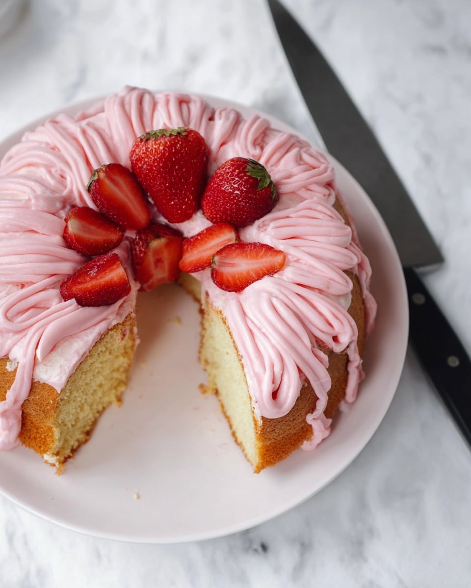 A round cake with one slice missing sits on a white plate, showing a soft light yellow inside layer. The cake top is decorated with thick, pink frosting drizzled in wide, swirl lines all around. At the center hole of the cake, several whole bright red strawberries are placed. The plate is on a white marbled surface with a black-handled knife nearby. Photo taken with an iphone --ar 4:5 --v 7