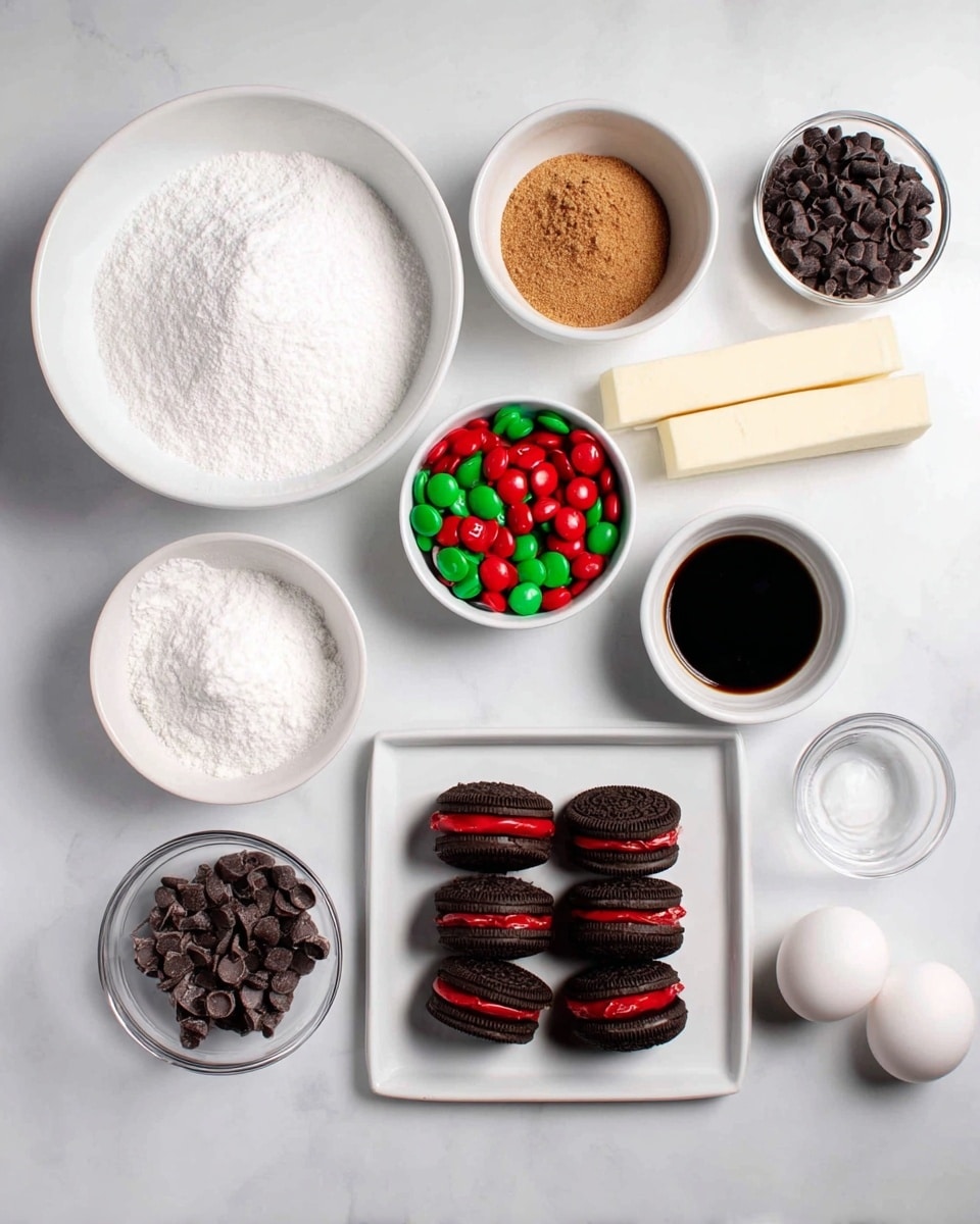 The image shows several white bowls and a white plate arranged on a white marbled surface. There is a large white bowl in the center filled with white powdered sugar. To the left, a white bowl holds brown sugar and white granulated sugar side by side. Below that, a smaller white bowl contains red and green candy-coated chocolates. Next to it is a white bowl with dark vanilla extract. To the right of the powdered sugar, two sticks of pale butter sit side by side. Above the butter, a white bowl is filled with black and red candy pieces. Below the candy pieces, a square white plate holds sandwich cookies with dark chocolate wafers and red filling. Next to the plate, a small glass bowl contains mini dark chocolate chips. Two white eggs are placed near the front of the arrangement. photo taken with an iphone --ar 4:5 --v 7