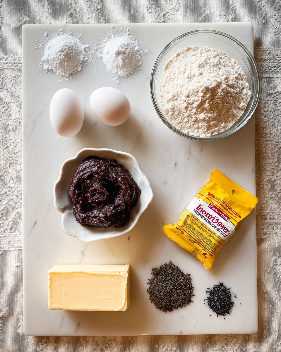 On a white marbled board, there are six small piles of white powdery ingredients scattered at the top left, with two white eggs placed side by side below them on the left side. In the middle left, a white bowl holds a dark brown, thick paste with a rough texture. To the upper right of this bowl, a clear glass bowl is filled with fine white flour. Below the glass bowl, there is a rectangular yellow butter stick placed diagonally. Near the bottom right corner, there is a small pile of black seeds next to a yellow and red packet of dry yeast. The board is set on a light-colored tablecloth with a subtle pattern. photo taken with an iphone --ar 4:5 --v 7