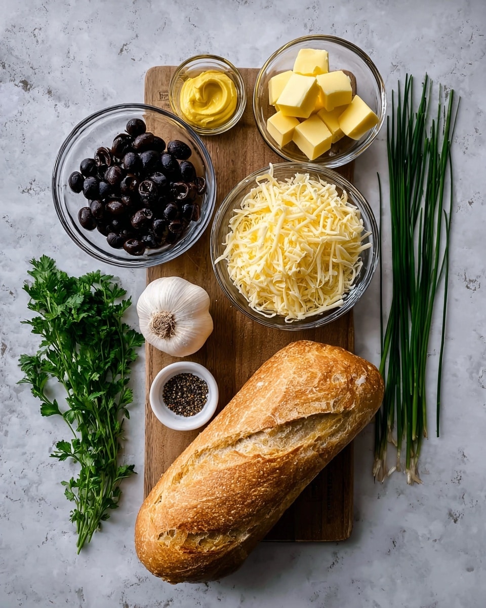 The image shows a wooden board on a white marbled surface with several ingredients neatly arranged. At the bottom left is a whole loaf of golden-brown bread with a crusty texture. To the right of the bread is a clear glass bowl filled with shredded pale yellow cheese. Above the cheese is a small glass bowl with yellow butter cubes and next to it another small bowl with yellow mustard. On the top left of the board is a clear glass bowl full of black sliced olives. Beside the olives is a white garlic bulb. Green parsley and long green chives lie on the top right, with a small dish of black pepper nearby. The overall setup is clean and organized, showing fresh ingredients ready for use photo taken with an iphone --ar 4:5 --v 7