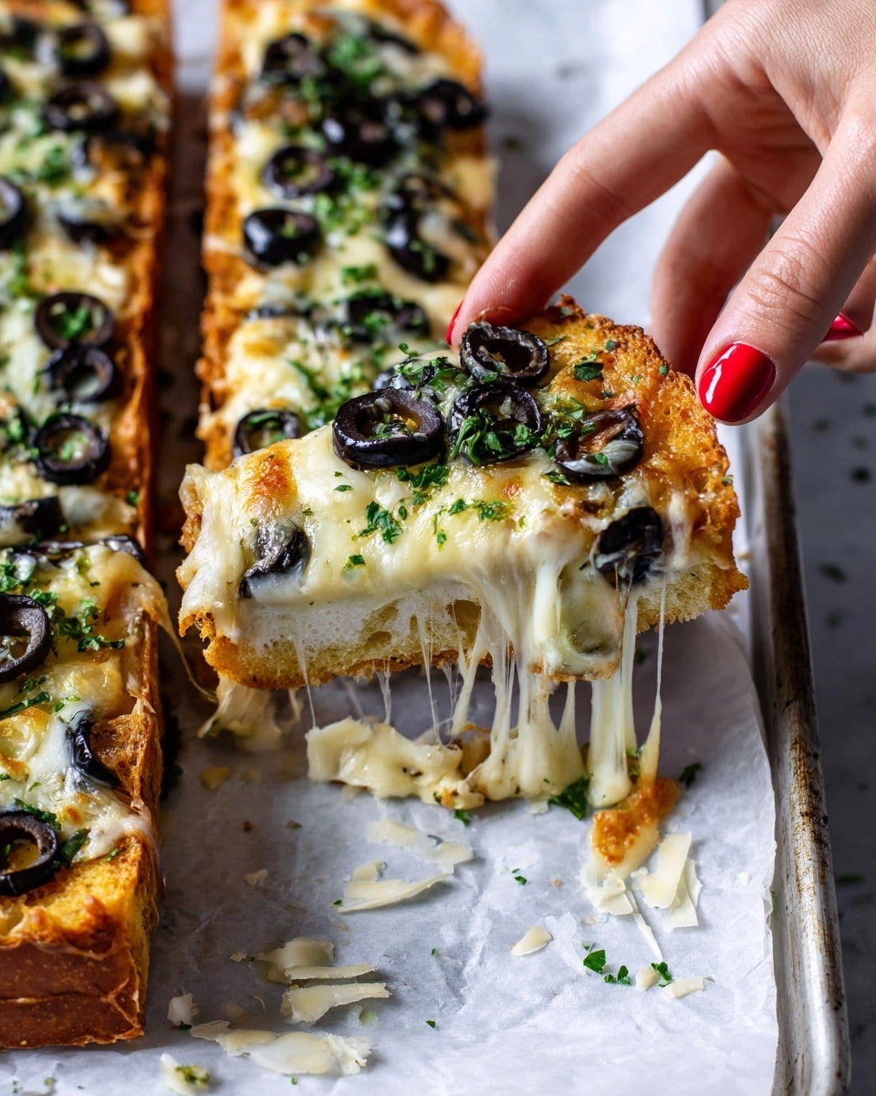 A close-up of a cheesy garlic bread piece being lifted by a woman's hand with red nail polish, showing three layers: a golden brown garlic bread base, a thick melted white cheese layer with strings stretching up, and a topping of black olive slices and finely chopped green herbs, all on a white marbled surface lined with white parchment paper on a metal tray, with scattered cheese bits and herbs around photo taken with an iphone --ar 4:5 --v 7