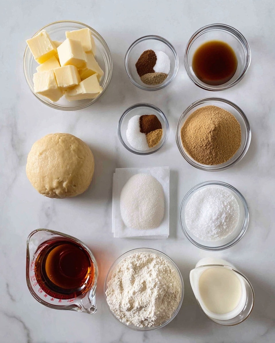 The image shows a white marbled surface with small clear glass bowls and containers arranged neatly in rows. Starting from the top left, there is a bowl with several light yellow butter squares, next to it are four small bowls containing fine powders and spices in brown and white colors. Below these is a bowl of light brown sugar and another bowl with a white powder resembling flour or cornstarch. To the lower left, there is a firm round dough ball, and next to it a clear glass measuring cup filled with a dark amber liquid. At the bottom, there are two more bowls with white granulated sugars and a larger glass pitcher containing off-white creamy liquid. The setup is orderly and precise against the clean white marbled backdrop. Photo taken with an iphone --ar 4:5 --v 7