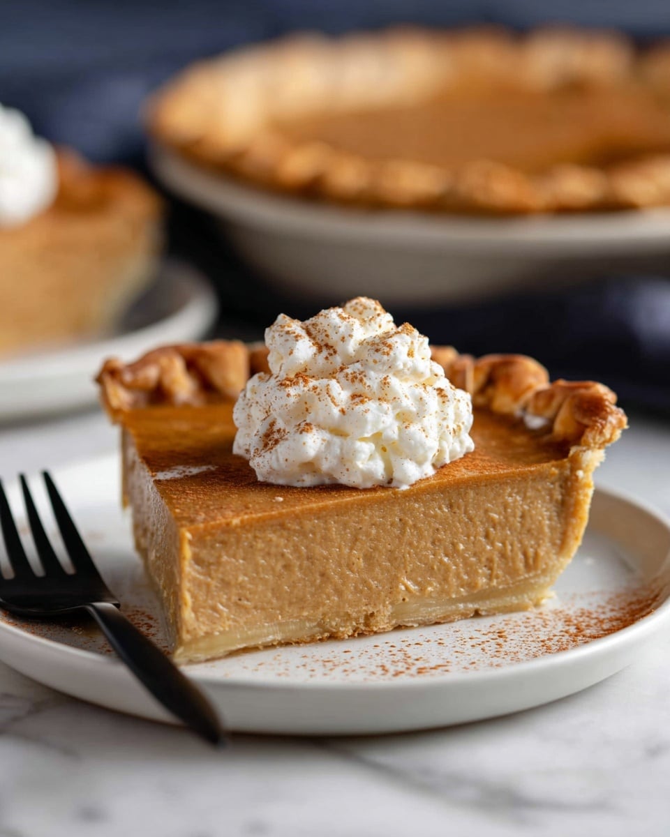 A slice of light brown pie with a smooth, thick filling and a golden, flaky crust sits centered on a white plate. On top of the pie slice is a dollop of white whipped cream sprinkled with a light dusting of cinnamon. The plate rests on a white marbled surface, with a black fork visible nearby. In the blurred background, the whole pie is seen on a white plate with a similar golden crust. Photo taken with an iphone --ar 4:5 --v 7