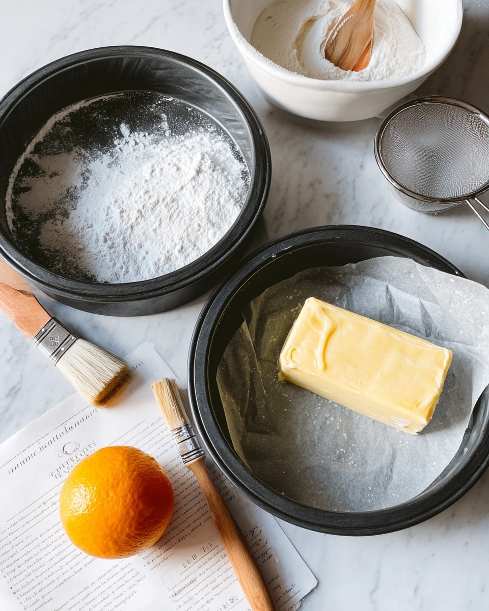 The image shows two round black cake pans on a white marbled surface, one dusted with flour and the other lined with parchment paper. Near the pans is an unwrapped block of yellow butter with a wooden pastry brush resting on top. To the left is a measuring cup filled with flour and a set of measuring spoons with wooden handles. A bright orange sits nearby. In the upper right corner, there is a white bowl with a fine metal sieve resting inside and a handwritten recipe on lined paper. The scene is lit softly, suggesting preparation for baking. Photo taken with an iphone --ar 4:5 --v 7