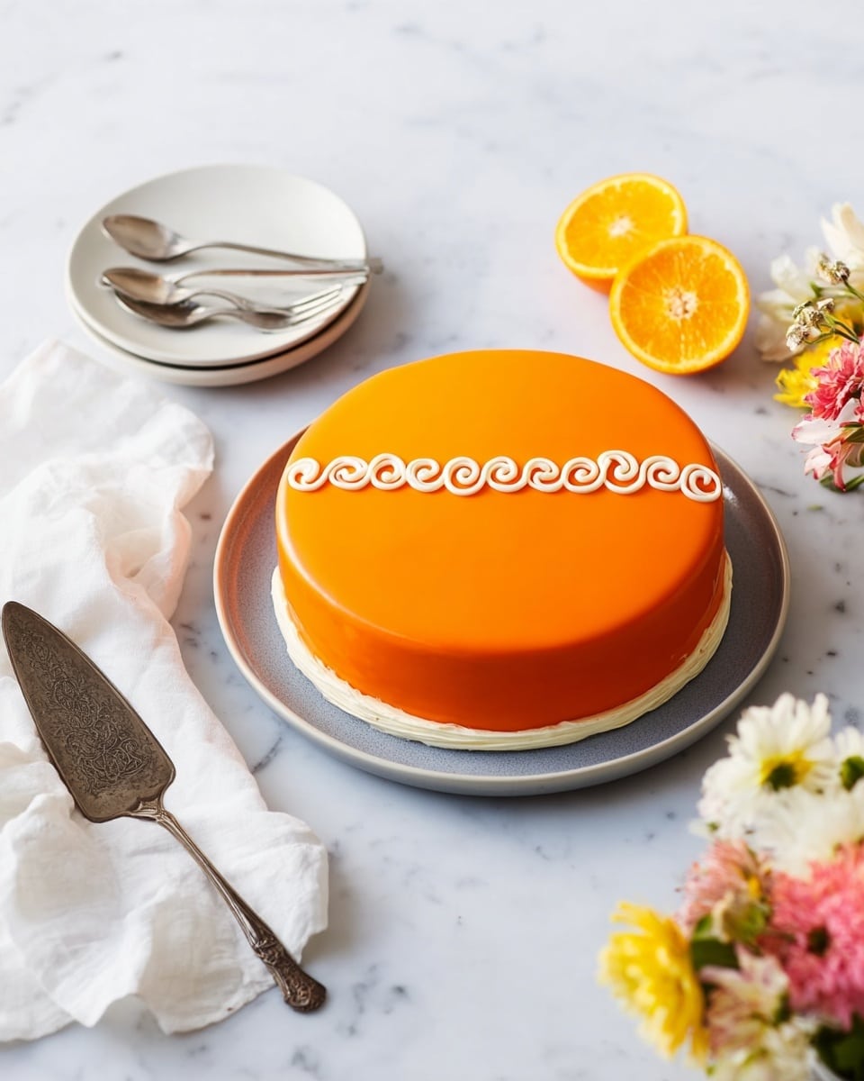 A round cake with two layers sits on a white plate with a gray rim, placed on a white marbled surface. The cake top is covered with bright orange smooth icing, and a single white spiral line decoration runs across the center horizontally. To the top left of the cake, there is a small stack of three white plates with silver spoons and forks on them. A white cloth napkin is draped casually on the bottom left corner, under an ornate, vintage-style silver cake server. To the top right, halves of bright orange citrus and a small bunch of mixed flowers in white, pink, and yellow hues add a fresh, colorful touch. Photo taken with an iphone --ar 4:5 --v 7