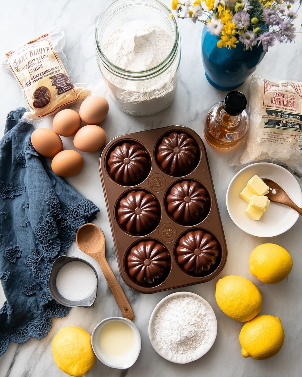 The image shows a baking scene with a brown mini bundt cake pan at the center, holding six small bundt molds with smooth, shiny surfaces and ridged details. Around the pan on a white marbled surface, there are several baking ingredients and tools: a large glass jar filled with white sugar, a white bag of bleached white fine pastry flour, two brown eggs next to a small white plate with a square of yellow butter, and a small white dish of granulated sugar with a wooden spoon. A glass bottle of vanilla extract sits nearby, along with a small white measuring cup filled with cream. There are also three bright yellow lemons, a small jar of white baking powder, a small jar of white flour, and a blue vase holding small flowers and greenery. A dark blue cloth with lace edges is folded near the top corner. Photo taken with an iphone --ar 4:5 --v 7