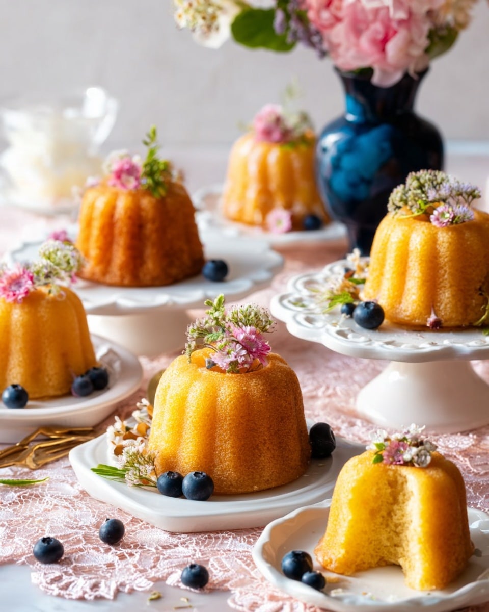 The image shows several small, golden bundt cakes with a soft texture, each decorated on top with small pink and white flowers and green sprigs. The cakes are placed on white plates and white cake stands, some surrounded by a few fresh blueberries. One cake has a piece broken off, revealing a light, fluffy inside. The scene is set on a soft pink lace tablecloth with a white marbled background, and a dark blue vase with similar flowers sits in the background. The overall look is bright and inviting, with delicate details and fresh fruit accents photo taken with an iphone --ar 4:5 --v 7