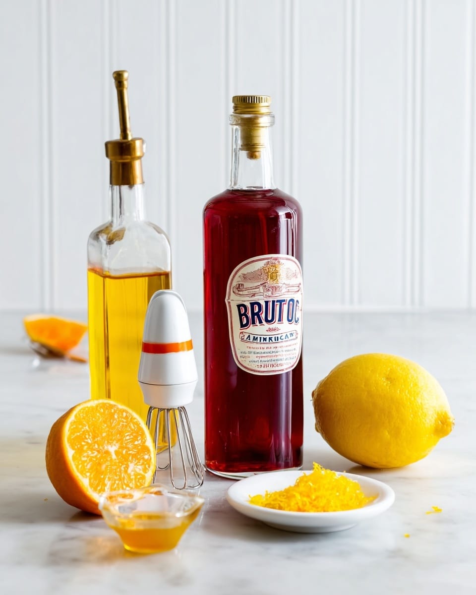 The image shows a tall clear bottle filled with deep red liquid labeled