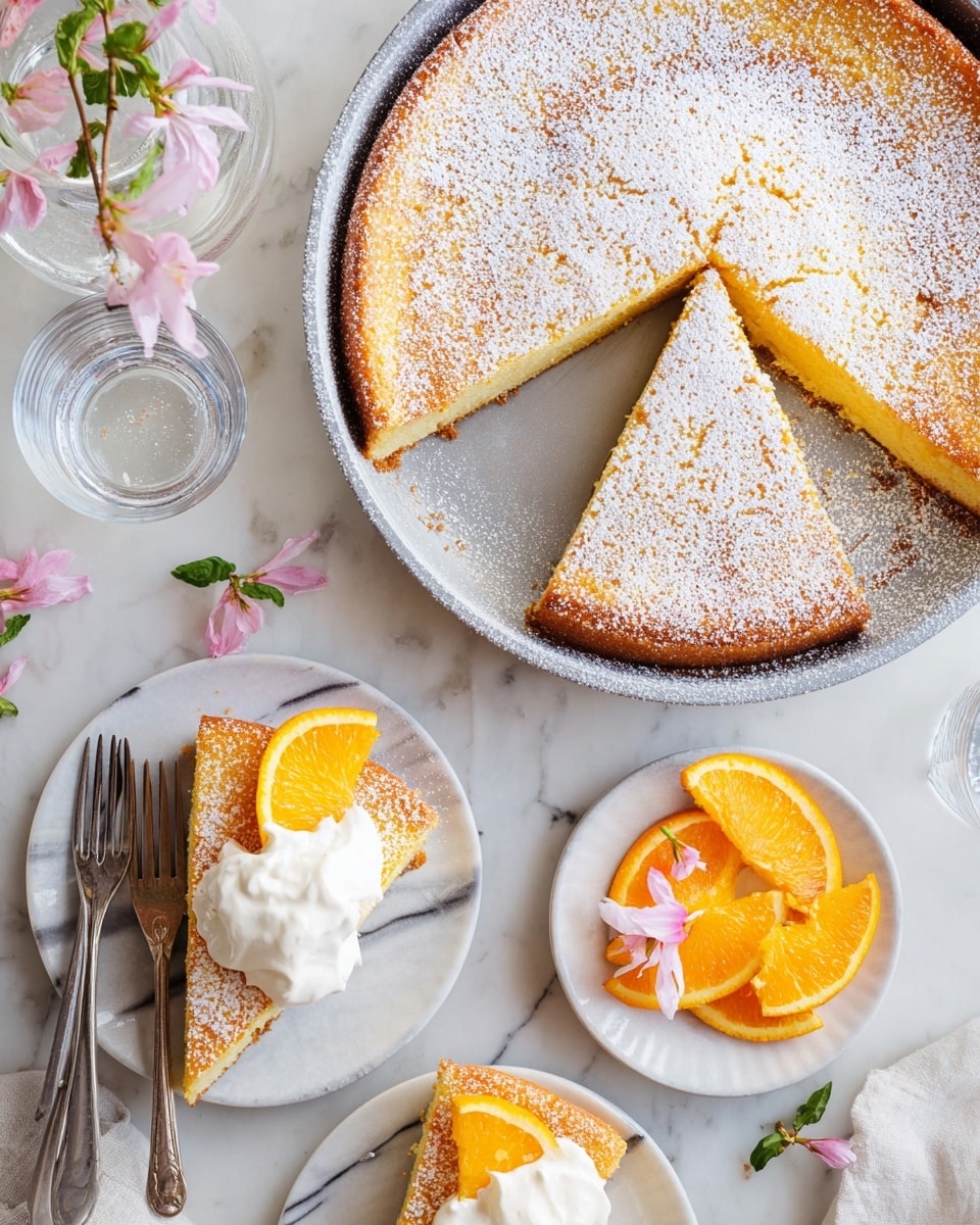 A round golden cake with a light dusting of powdered sugar on top sits in a baking pan, with one triangular slice lifted. The cake has one visible soft layer with a smooth texture. Two slices of the cake are on white plates with a gray marble pattern; one slice is plain with powdered sugar, and the other is topped with a dollop of white whipped cream and a bright orange slice. Small pink flowers and a small white plate holding fresh orange slices are placed on a white marbled surface around the cake, along with clear glasses and forks. photo taken with an iphone --ar 4:5 --v 7