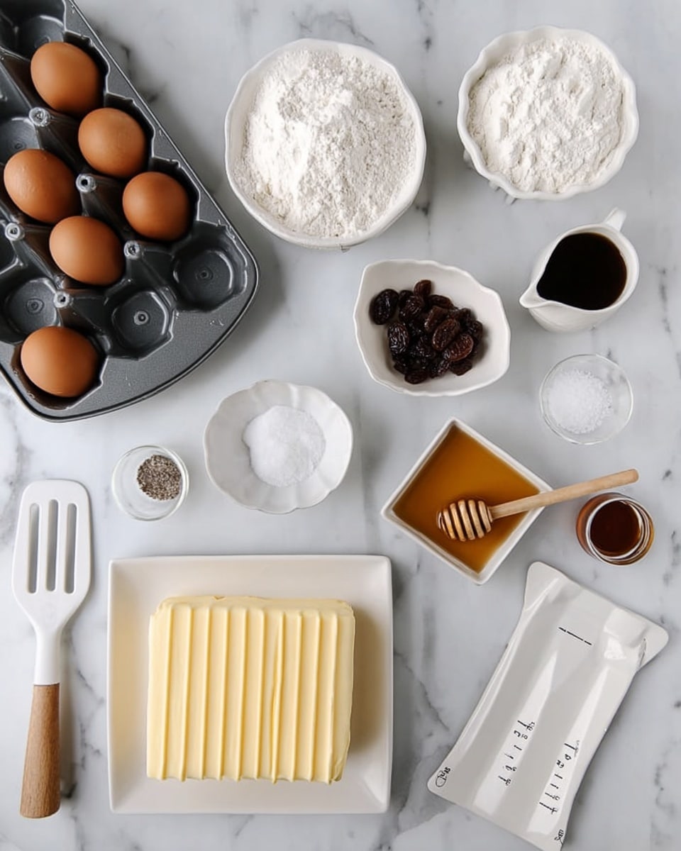 The image shows a white marbled surface with many baking ingredients and tools arranged neatly. On the left, there is an open egg carton holding two brown eggs next to a white plate with flour. Nearby, a white bowl with sugar sits on the marble. A small white bowl with dark raisins and a silver spoon is near the middle. In front of that, a white round plate holds a thick slab of pale yellow butter. To the right, there is a small square white dish with honey and a honey dipper resting on it, a tiny white bowl with salt, and a small cup filled with a dark liquid. On the far right is a white measuring spoon with