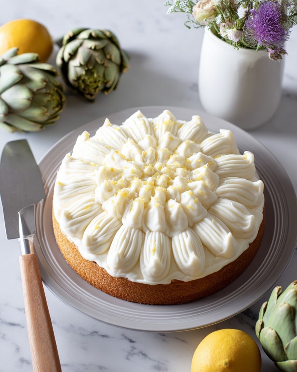 The image shows a single-layer round cake with a golden-brown base topped with white cream arranged in petal shapes radiating from the center to the edge, creating a flower-like design with some tiny yellow specks inside the cream. The cake sits on a white plate with a subtle grey rim, placed on a white marbled surface. There is a silver cake server with a wooden handle beside the plate. Around the cake are green artichokes, a yellow lemon, and a white vase with small purple and white flowers. photo taken with an iphone --ar 4:5 --v 7