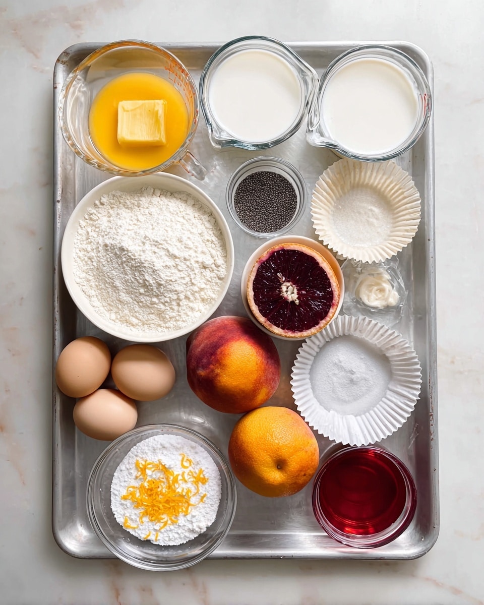 A metal tray holds various baking ingredients neatly arranged. At the bottom left, there is a bowl filled with white powdered sugar. Above it, a larger bowl is filled with finely sifted white flour. To the left of the flour, a glass measuring cup contains melted butter with a smooth golden-yellow texture. At the top center, another glass measuring cup is filled with fresh white milk. To the right, there is a small white bowl with dark poppy seeds next to a stack of white cupcake liners. Below, two light brown eggs sit side by side near a bright orange peach and a halved dark red blood orange with deep ruby flesh. Near the front right, there is a small clear bowl filled with red liquid and another small dish with white powder. In front of these is a clear bowl with white granulated sugar topped with orange zest, adding a pop of color. The whole setup is on a white marbled surface. Photo taken with an iphone --ar 4:5 --v 7