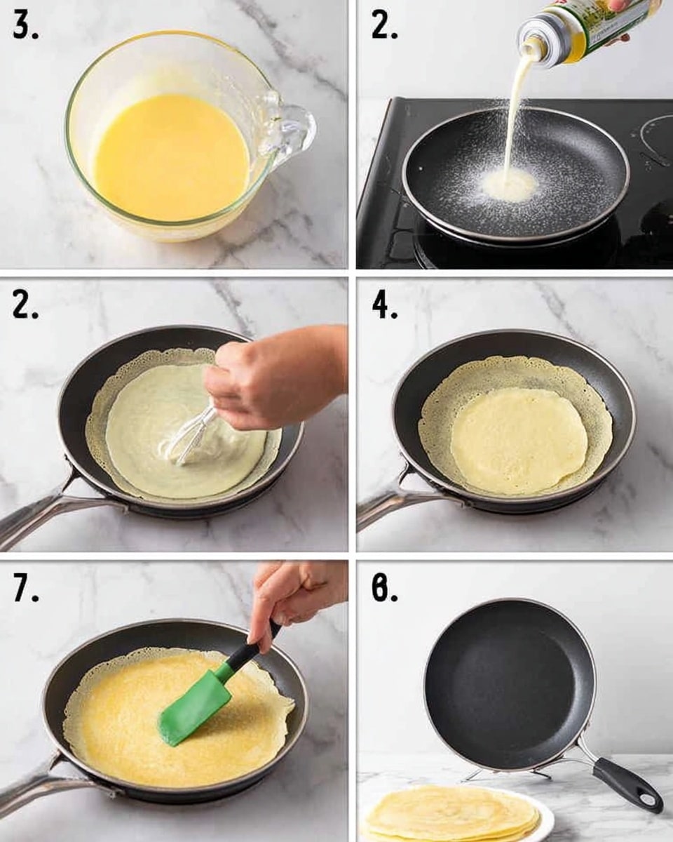 The images show six steps of making a thin crepe. Step 1 shows a clear glass measuring cup with yellow batter being poured in. Step 2 shows a black non-stick pan on a stove with a spray can spraying oil on the surface, all on a white marbled background. Step 3 shows a woman's hand using a spatula to spread the batter in the black pan. Step 4 shows the batter cooking with edges looking set but the middle still soft. Step 5 shows the crepe almost done with a woman’s hand lifting one edge using a green spatula. Step 6 shows an upside-down black pan on a white marbled surface with two thin cooked crepes visible beside it. Photo taken with an iphone --ar 4:5 --v 7