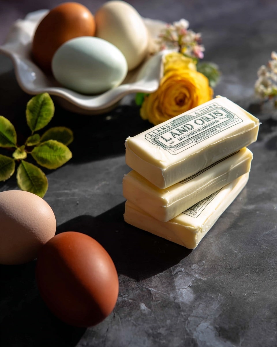 The image shows three stacked white wrapped sticks of Land O Lakes salted butter placed on a dark surface with a soft shadow. In the background to the left, a white scalloped dish holds three eggs in shades of light brown and white, along with a small yellow rose and green leaves. In the foreground, there are three eggs with different shades: one light grayish-blue, one reddish-brown, and one darker brown. The background is a white marbled texture. photo taken with an iphone --ar 4:5 --v 7