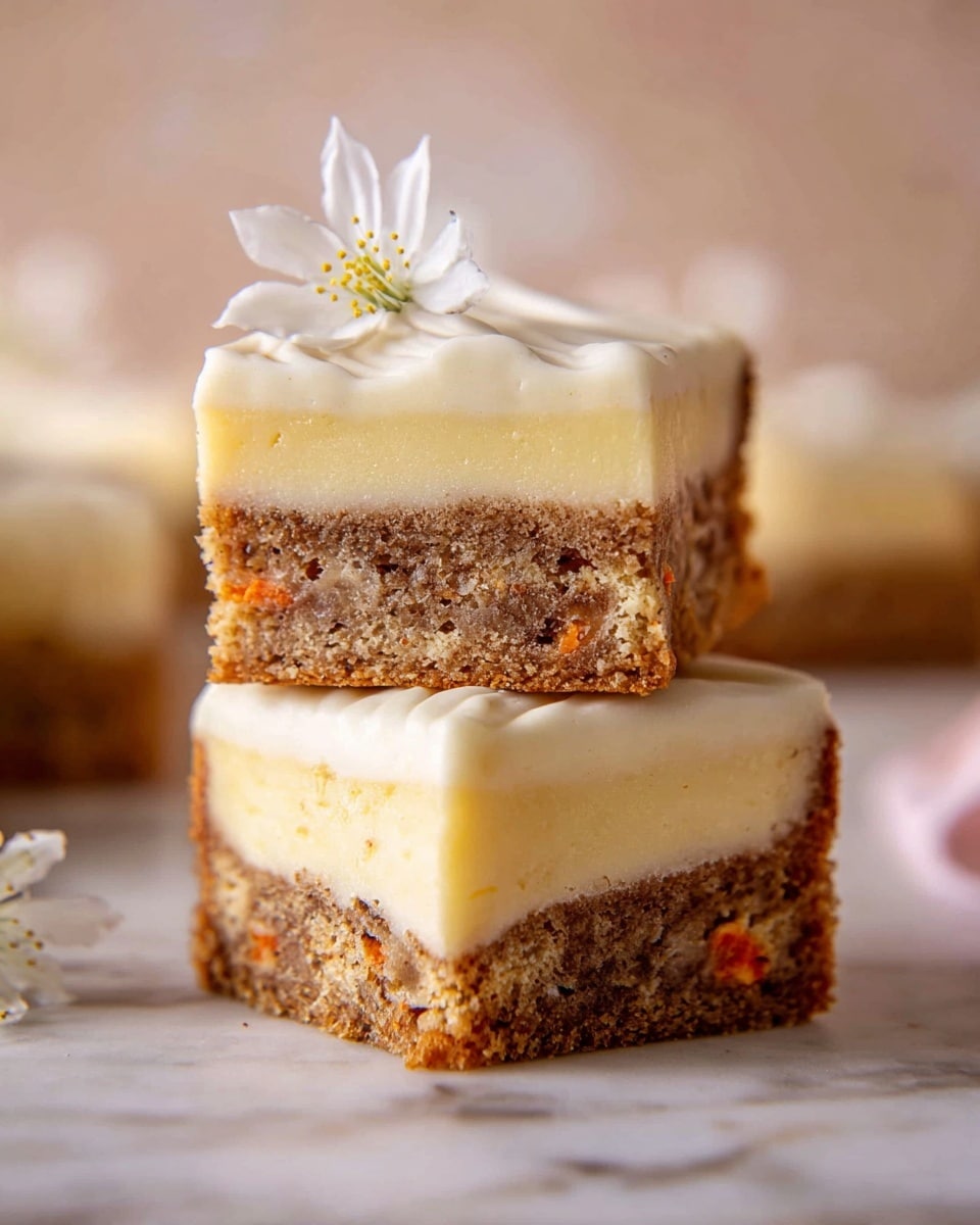 Two square cake pieces are stacked on a white marbled surface. Each piece shows three visible layers: a dense, moist brown layer with small bits of orange and texture at the bottom, a creamy light yellow middle layer, and a smooth white icing layer on top. The top cake piece has a small white flower decoration with delicate petals. The background is softly blurred with neutral tones. Photo taken with an iphone --ar 4:5 --v 7