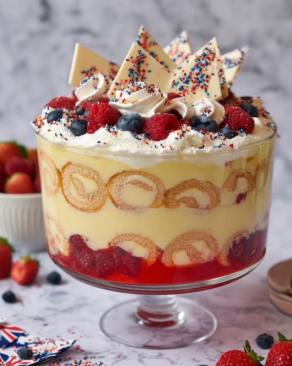 The dessert is served in a clear glass trifle bowl showing five visible layers. The bottom layer is red, made of jelly with whole strawberries, raspberries, and blueberries suspended inside. Above that is a layer of sponge cake rolls with visible swirls, arranged vertically to show the round spiral pattern. On top of the cake rolls is a thick pale yellow custard layer containing small berries. Above the custard is a fluffy white whipped cream layer decorated with fresh whole strawberries, blueberries, and raspberries. The whipped cream is topped with large triangular pieces of white chocolate sprinkled with colorful red and blue sprinkles. The bowl is set on a white marbled surface with scattered berries nearby. Photo taken with an iphone --ar 4:5 --v 7
