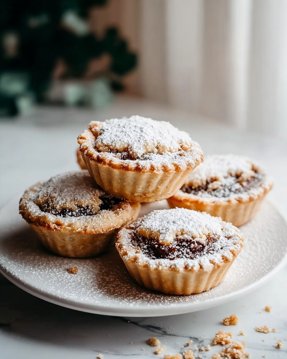 A white plate holds five small round tarts stacked and leaning on each other. Each tart has a golden-brown crust with a crimped edge, filled with a dark filling that slightly peeks through the top crust. The tops of the tarts are dusted with a fine layer of white powdered sugar, which also lightly covers the plate and some scattered crumbs around the tarts. The background surface is white marble with a soft, blurred curtain and greenery in the distance, giving a cozy feel. photo taken with an iphone --ar 4:5 --v 7