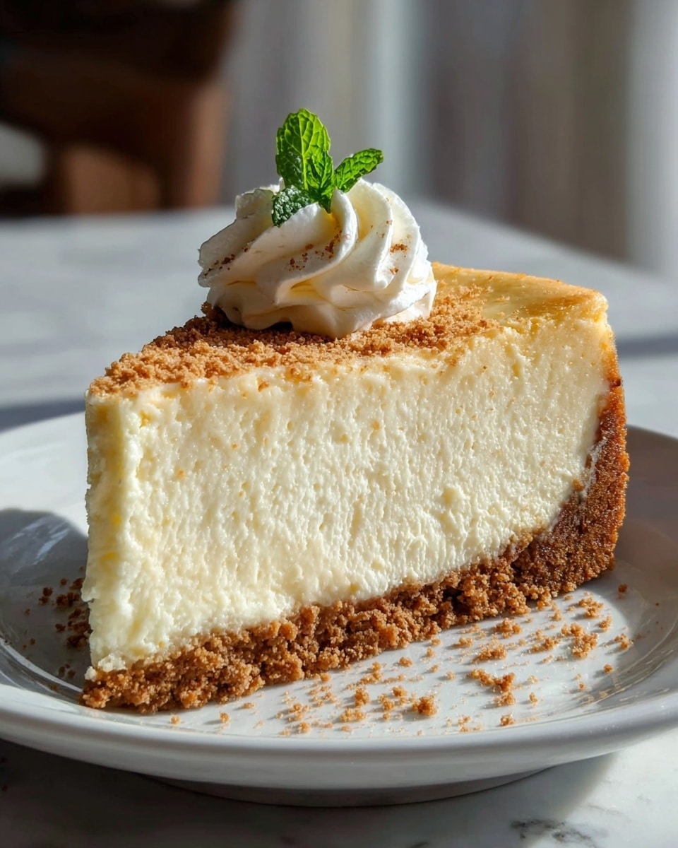 A slice of cheesecake is shown on a white plate with a crumbly brown crust layer at the bottom, thick and creamy pale yellow filling in the middle, and a light golden top layer. There is a small swirl of white whipped cream on top, sprinkled lightly with brown crumbs, and a tiny green mint leaf garnish added above the cream. The plate sits on a white marbled surface, and the background is softly blurred with natural light. Photo taken with an iphone --ar 4:5 --v 7