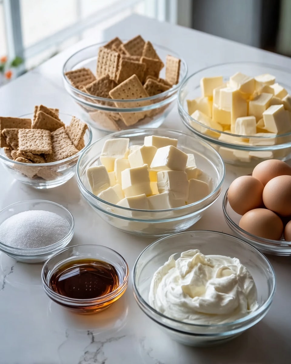The image shows multiple clear glass bowls arranged neatly on a white marbled surface by a window, each holding different ingredients. There are blueberries in a medium bowl on the left side, a small bowl of granulated white sugar nearby, a bowl of light brown sugar, a bowl of small golden brown pieces, and smaller bowls with various spices including cinnamon and nutmeg. To the right, a white plate holds two folded pale yellow flatbreads with one rolled on top. Near the plate are three lemon wedges, a small bowl of yellow honey, a small dish of clear vanilla extract, and a small bowl of cream. A clear bowl with a block of pale yellow butter and an uncracked brown egg sit on the far right, with another clear bowl of white powder in front. A sprig of rosemary is placed near the back. The photo taken with an iphone --ar 4:5 --v 7