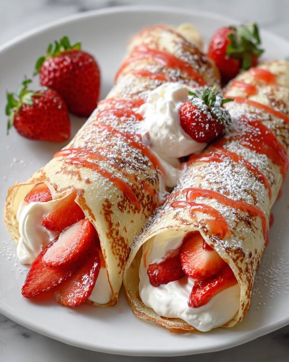 Two rolled crepes sit side by side on a white plate placed on a white marbled surface. Each crepe has a golden-brown, thin outer layer that is soft and folded over the filling. Inside, visible layers of bright red sliced strawberries and smooth white cream fill the crepes. A drizzle of red strawberry sauce flows gently over the crepes' tops. Powdered sugar is lightly dusted over the entire dish, adding a soft white texture. There are a few whole strawberries around the crepes, with one whole strawberry resting between them, its green leaves adding a fresh touch. Photo taken with an iphone --ar 4:5 --v 7