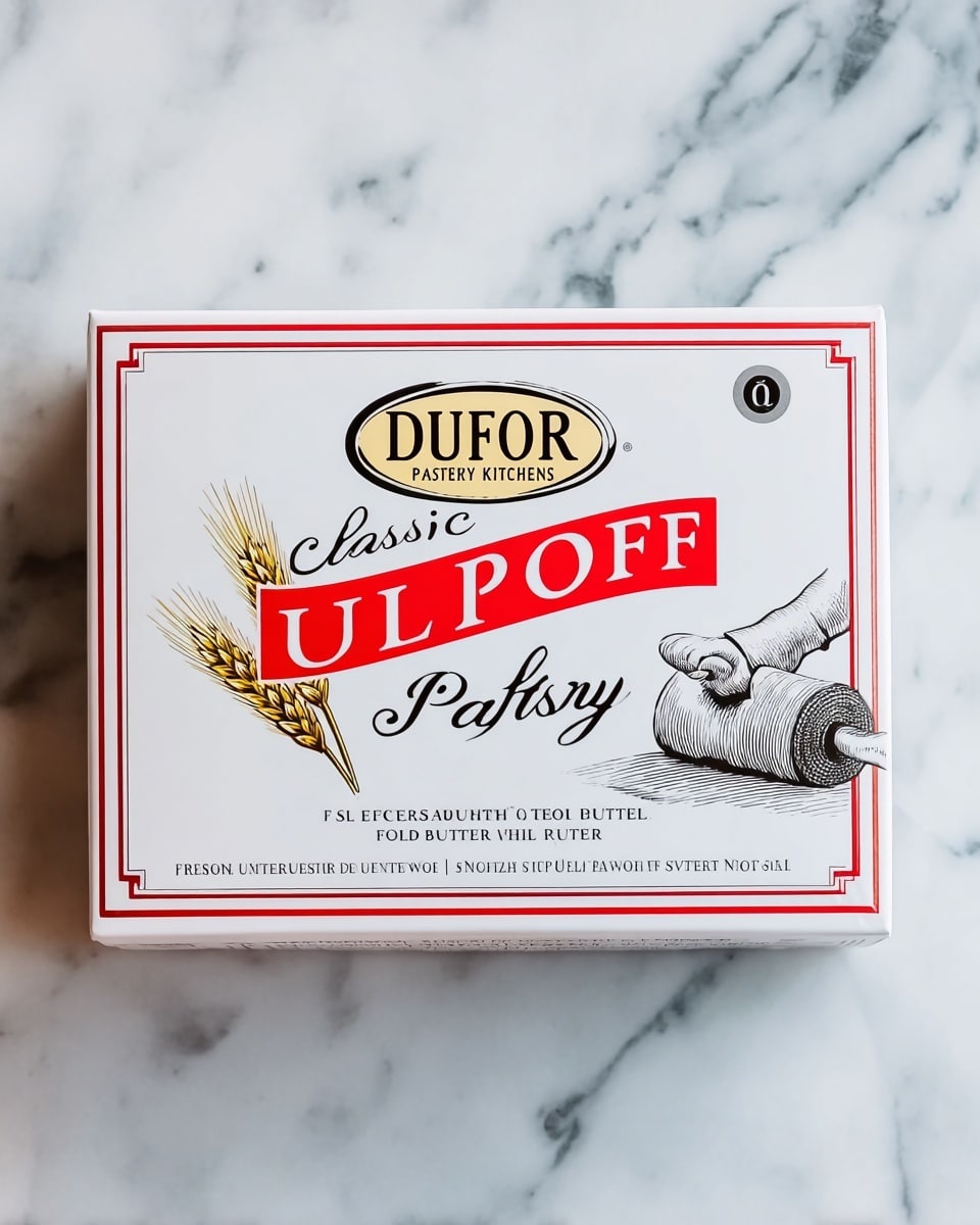 A rectangular white box lies on a white marbled surface, featuring a simple red border around the edges. The box is labeled