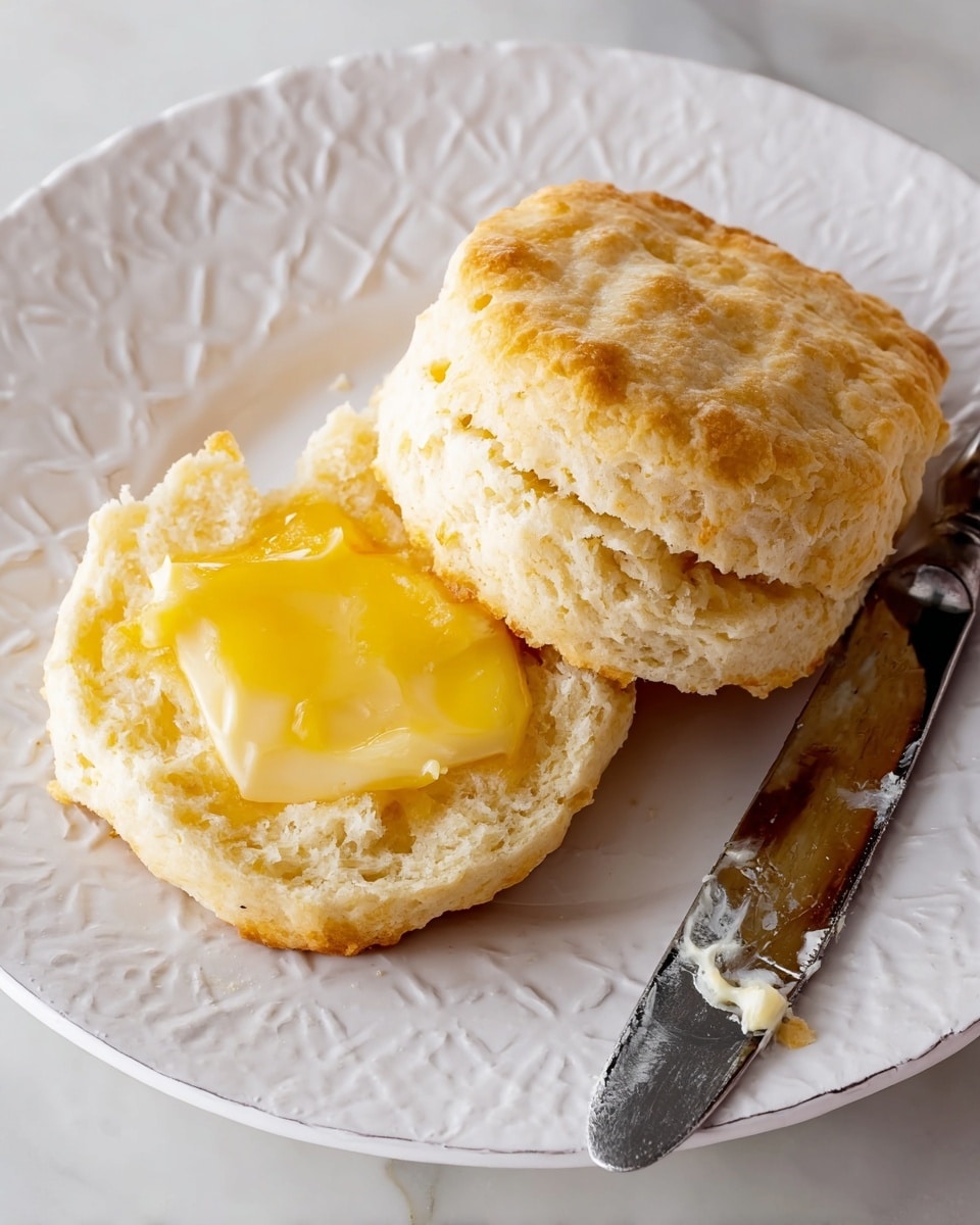 The image shows a close-up of a biscuit cut in half on a white plate with detailed textured edges. The top half of the biscuit is light golden brown with a crumbly texture, while the bottom half has a glossy layer of melted butter shining in soft yellow tones. A butter knife with traces of butter rests next to the biscuit on the plate. The plate sits on a white marbled surface. photo taken with an iphone --ar 4:5 --v 7