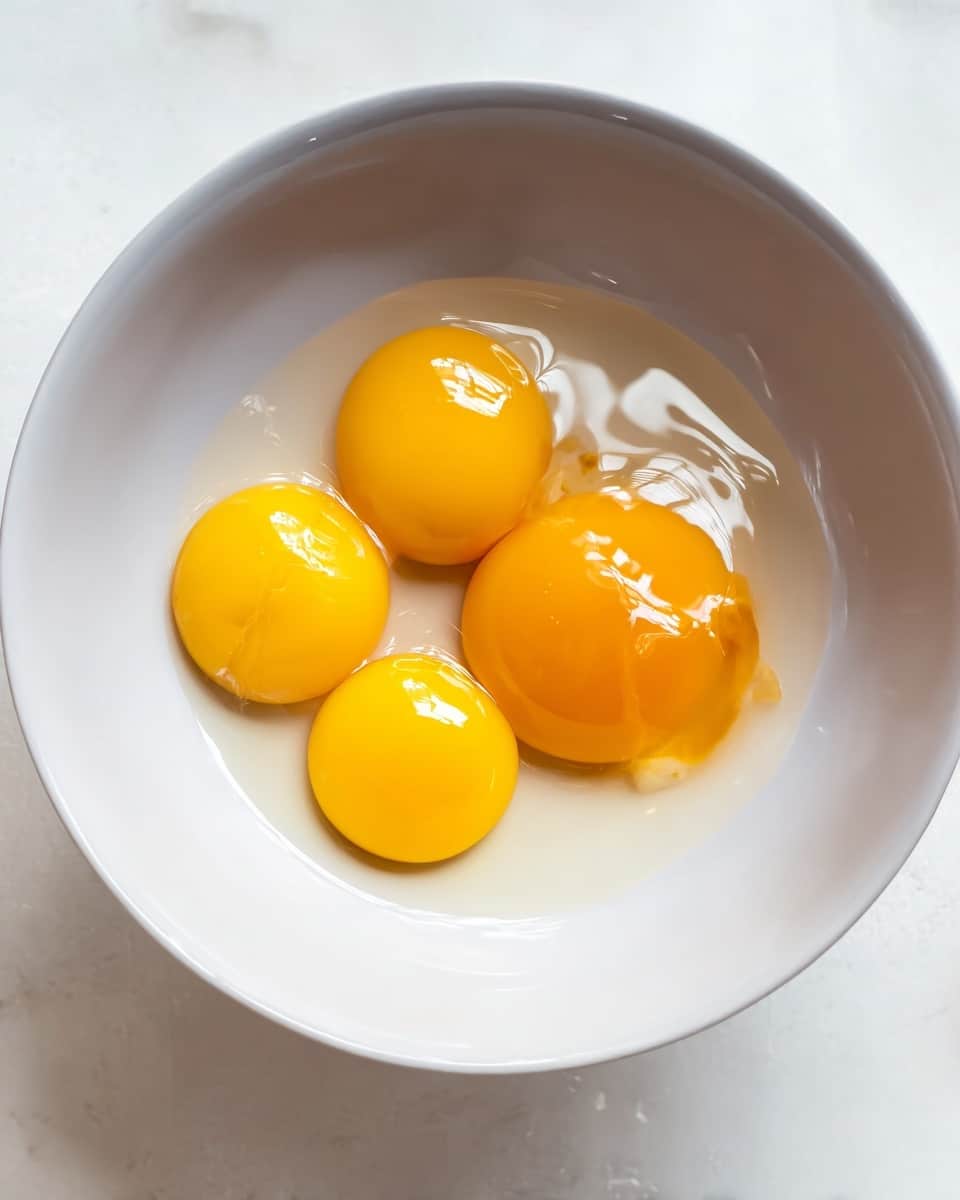 A white bowl with smooth, shiny surface holds four raw egg yolks. Three yolks are round and bright yellow, sitting close together near the center. One yolk has a flat, spread shape with a deeper orange color, overlapping two of the round yolks slightly. Clear, glossy egg whites surround the yolks, filling the bottom of the bowl. The bowl is placed on a white marbled surface. photo taken with an iphone --ar 4:5 --v 7