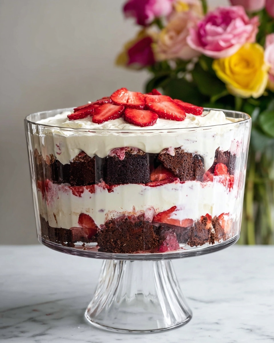 The image shows a clear glass trifle bowl on a clear glass pedestal, placed on a white marbled surface. Inside the bowl, there are four visible layers: the bottom layer is dark brown chocolate cake pieces, followed by a thick layer of smooth white cream with bits of red strawberry mixed in, then another chunky layer of chocolate cake, topped with a final thick layer of white cream. On the very top, there are thinly sliced red strawberries arranged neatly. In the background, there is a blurred bouquet of pink and yellow roses. photo taken with an iphone --ar 4:5 --v 7