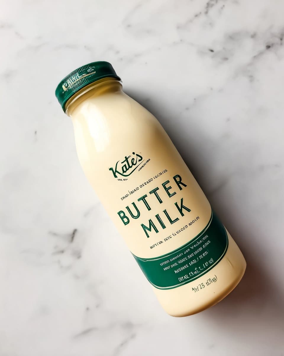 A bottle of Kate's 100% real buttermilk lies on a white marbled surface. The bottle is tall and cream-colored with a dark green cap and a large dark green label near the bottom. The text on the bottle is in dark green and reads
