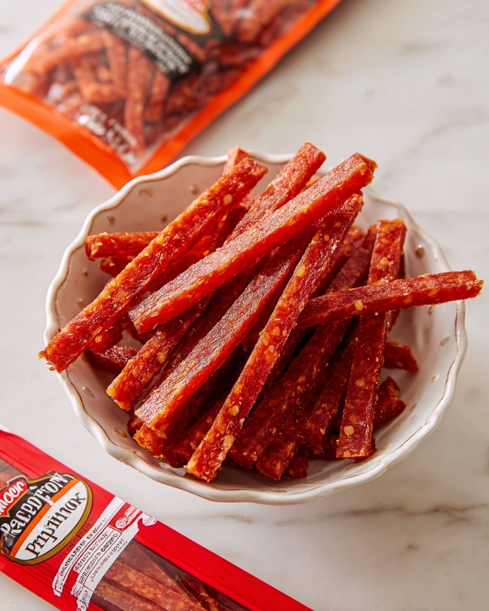 A white bowl filled with many thin, long sticks of reddish-orange pepperoni layered in a loose pile. The pepperoni sticks show a slightly rough texture with some visible bits of seasoning on the surface. The bowl has a delicate scalloped edge and a subtle pattern on the inner side. The bowl sits on a white marbled surface, with a red and white package of Hormel pepperoni partially visible next to it. The photo taken with an iphone --ar 4:5 --v 7