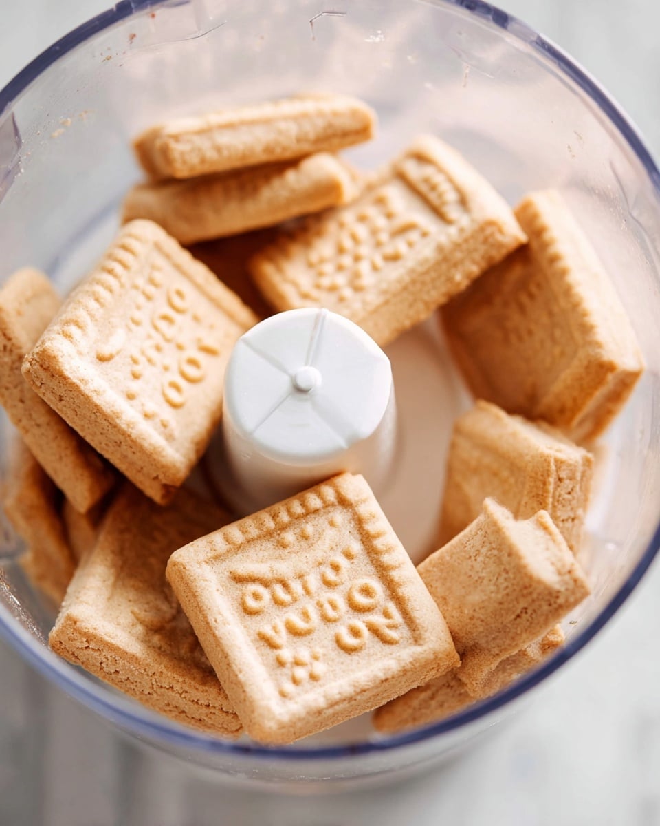 A close-up view of square beige cookies with a slightly rough texture inside a clear food processor bowl. The cookies have a raised pattern on top with dots and lines and some text on them. The bowl's white plastic blade holder is visible in the center behind the cookies. The image is set on a white marbled surface with soft lighting. photo taken with an iphone --ar 4:5 --v 7