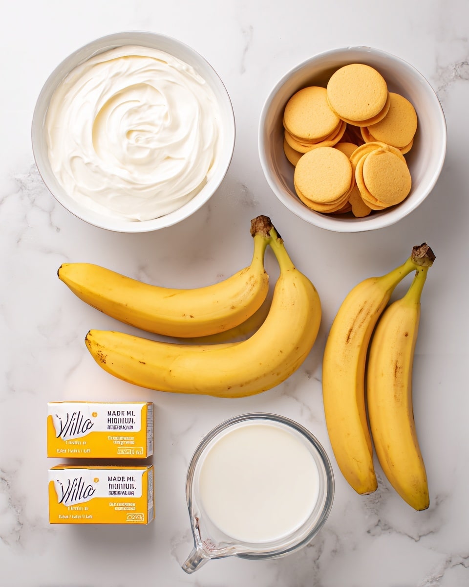 The image shows a white marbled surface with ingredients for a banana pudding dessert laid out neatly. In the top left, there is a white bowl filled with smooth, creamy white Cool Whip with soft swirls on top. Below it, another white bowl holds round, golden yellow Nilla Wafers stacked loosely. To the right of both bowls are four ripe bananas with bright yellow skins and some small brown spots. In the bottom left corner, there are two small rectangular yellow boxes of vanilla pudding mix placed one above the other. On the bottom right, a clear glass measuring cup filled with white milk is visible. All items are spaced evenly against the white marbled surface. Photo taken with an iphone --ar 4:5 --v 7