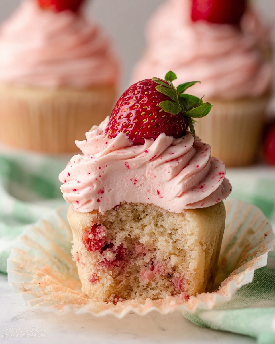 A close-up of a single cupcake with two clear layers: the bottom layer is a light beige cupcake with red fruit bits inside, showing a soft, crumbly texture, and the top layer is a thick swirl of light pink, creamy frosting with tiny red specks, crowned with a small, whole red strawberry with green leaves on top; the cupcake sits on a slightly crumpled white paper liner, resting on a light green and white checked cloth, with two more similarly frosted cupcakes softly blurred in the white marbled background, photo taken with an iphone --ar 4:5 --v 7