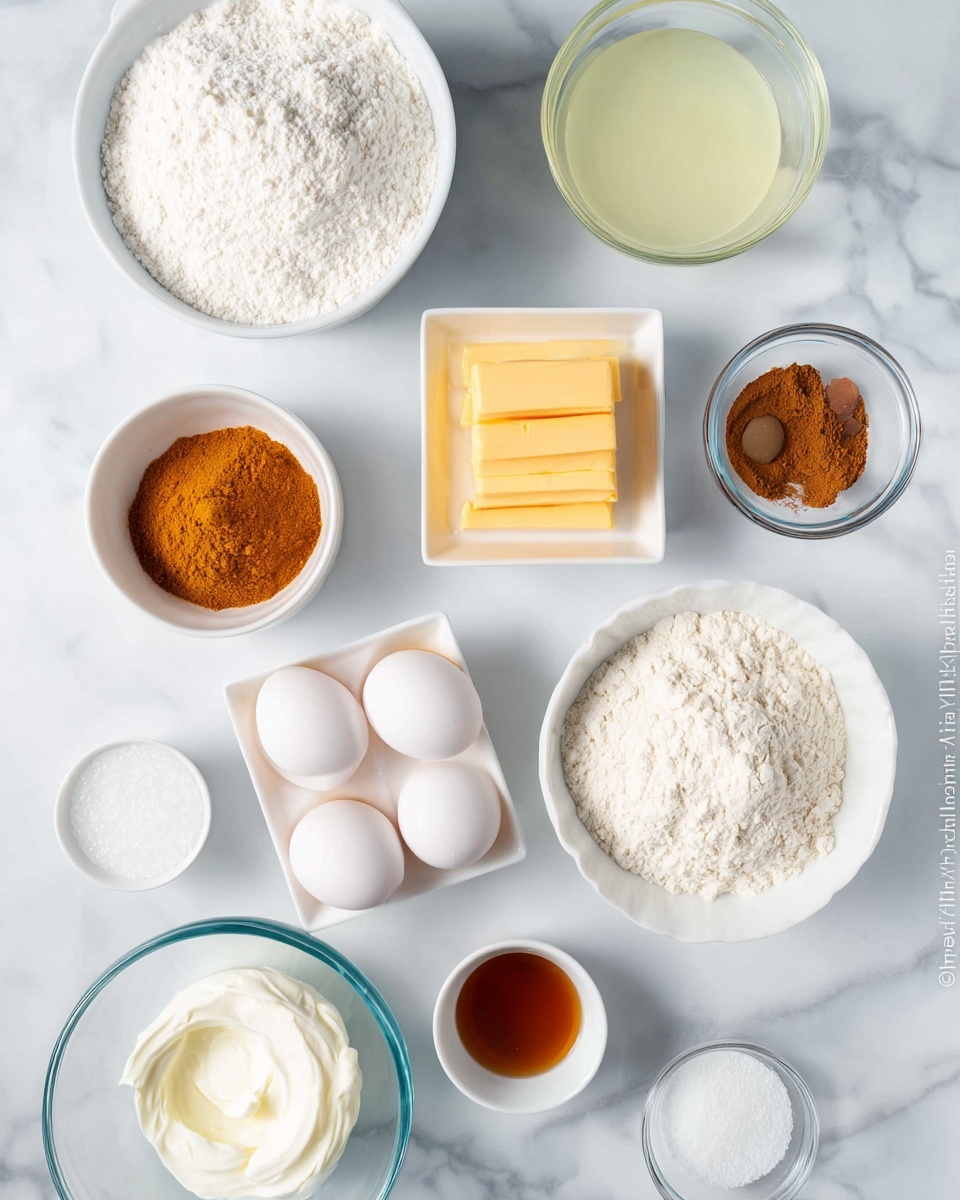 A top-down view shows a white marbled surface holding ten different bowls and dishes with baking ingredients neatly arranged. There are three eggs in a square white dish in the lower left middle, next to a small square white dish holding several slices of yellow butter. Above, a white round bowl contains brownish-orange powder, and next to it is another round bowl filled with white flour. A small white square dish holds white and brown powders, likely baking soda and spices. In the upper right, a glass bowl has a pale yellow liquid, while below, another glass bowl contains a thick white cream. Below that, a small white round bowl holds brown liquid, and beside it, another white bowl has a pale creamy liquid. In the upper left corner, a larger white bowl is filled with white granulated sugar. All items are evenly spaced on a white marbled background. photo taken with an iphone --ar 4:5 --v 7
